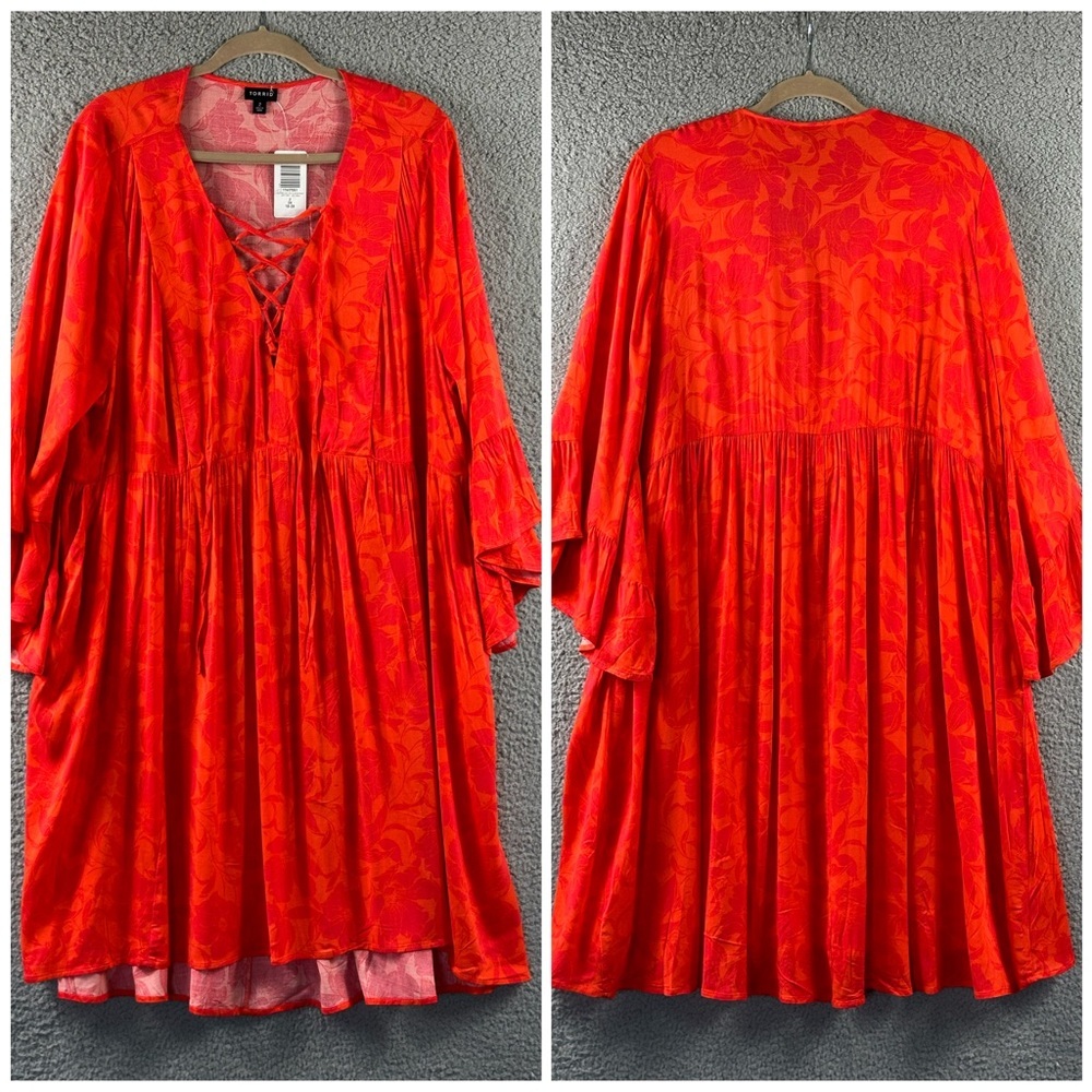 New Torrid LACE UP HI-LOW BABYDOLL DRESS  STRETCH CHALLIS FLORAL ORANGE DRESS